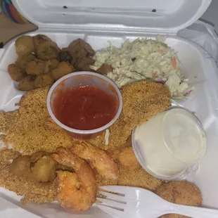 Meal1: Catfish, shrimp, fried okra and coleslaw.