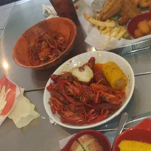 Crawfish, Cajun shrimp, fried catfish and fried shrimp.