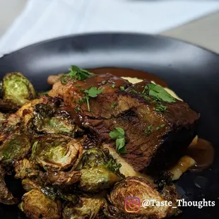 Short rib with mashed potatoes and roasted brussel sprouts