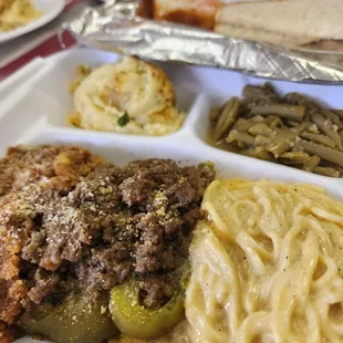 Bell Peppers, Mac, potato salad and green beans