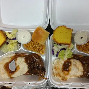 Hamburger steak, mashed potatoes, corn, salad with ranch, butter roll &amp; lemon cake plates