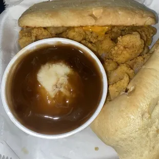 Shrimp po-boy is overflowing with good size shrimp. Well seasoned. I wasn&apos;t in the mood for fries. Mash and gravy is excellent!