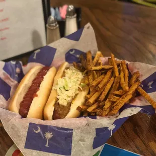 two hot dogs and french fries