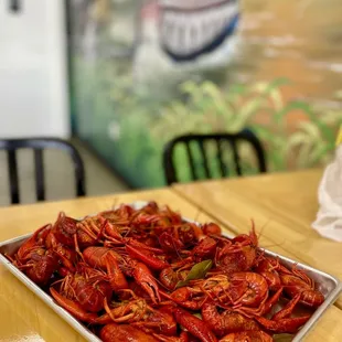 a tray of craws on a table