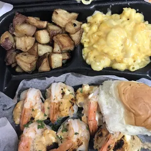 Roasted potatoes, Mac and cheese and dynamite shrimp