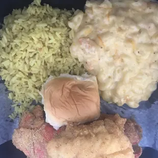 Yellow rice, sea food Mac and fried lobster tail