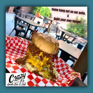 Build your own burger!! This is a double burger with cheese chili &amp; jalapeños added! What will you add??