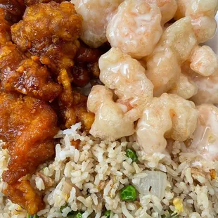 In this photo, I've got a Crazy Combo plate. My two entrees are Orange Chicken and Coconut Shrimp. My main entree is Chicken Fried Rice.