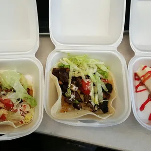 Beef and chicken tacos with strawberry cheesecake