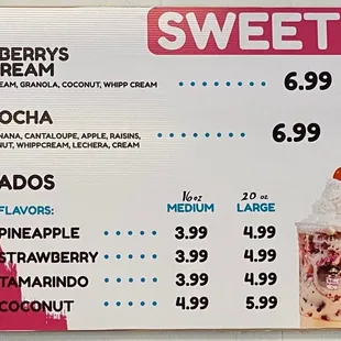 a menu for sweet treats