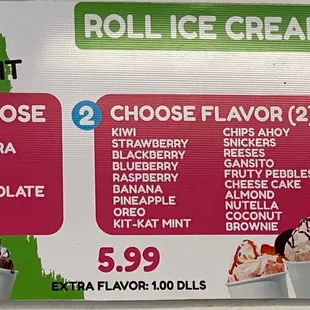 a menu for ice cream