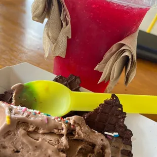 Strawberry raspado (without sweetened condensed milk) &amp; a chocolate rolled ice cream taco!