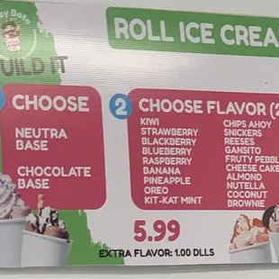 Roll Ice Cream menu