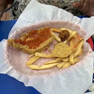 Kids Meal: 1 pc fillet fried extra crispy comes with fries and 1 hush puppy
