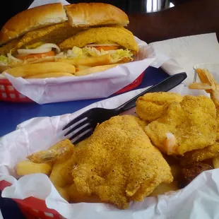 Fish, shrimp, hush puppies, french fries