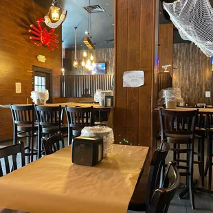 a dining area with tables and chairs
