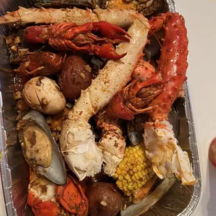 a container full of seafood