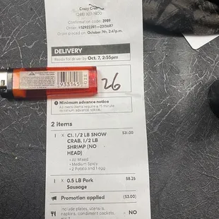 a receipt with a price tag on it