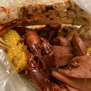 Crawfish and shrimp bag with sausage, corn, and potatoes