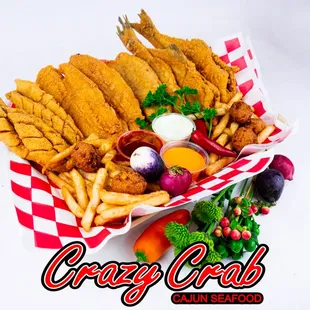 a basket of fried fish and fries