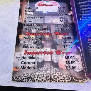 Alcohol drink menu