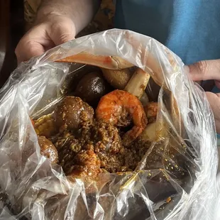 Crab boil with shrimp, corn, taters.