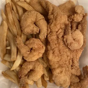 Catfish, shrimp and french fries.