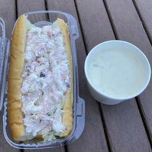 Bay Bridge Sandwich:  bay shrimp &amp; crab mixed with onions, celery &amp; mayonnaise on a brioche roll. Clam chowder in a cup.