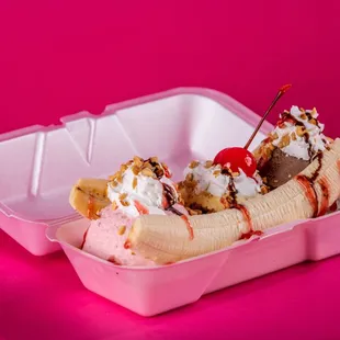 We have deserts near you! This is our delicious banana split sundae! Come by and check out the rest of our menu
