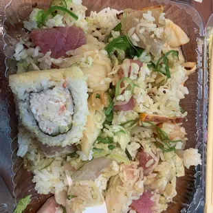 One piece of crunchy roll &amp; Chirashi Sashimi Bowl