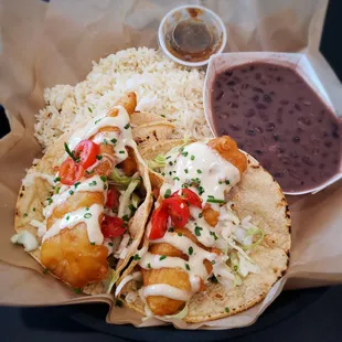 Beer Battered Fish Tacos with Rice &amp; Beans