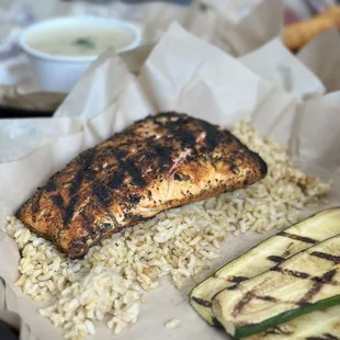 Wild Caught Alaskan Salmon with brown rice and grilled zucchini