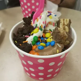 So delicious! Chocolate and vanilla with brownie bites, m and ms, snickers,  sprinkles and some other goodies.