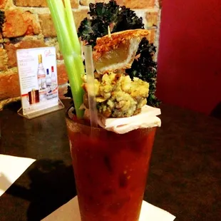 Sunday Funday! Bloody Mary with turkey, a stuffing cake, and pie.
