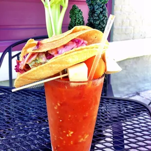 Bengals versus Chargers theme. Fish taco with avocado poblano ranch served with a skewer of cheese and a habanero pepper.