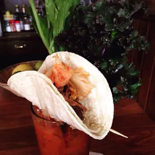 Beef and kimchi taco in the Bloody Mary