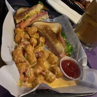 Grilled ham and cheese with queso tots