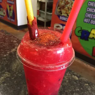 Sandillada. Mexican twist on a slushy! Slushy, watermelon chunks, chamoy, chile. Crazy good!