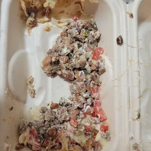 Steak taco  Supposedly " steak " taco. Mear was grey, smelled .