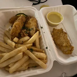 chicken fingers, fries, honey mustard..