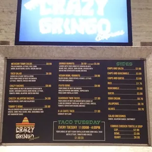 the menu for crazy gringo