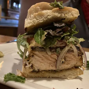 Blackened Salmon sandwich with no bacon - life hack: sub Sriracha Mayo for the sauce that normally comes on it