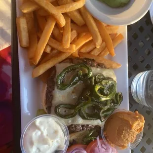 BYOB: pepper Jack, grilled jalapeño,onion,tomato,lettuce, grilled mushrooms with a side of Mayo,hummus and avocado with a side of fries