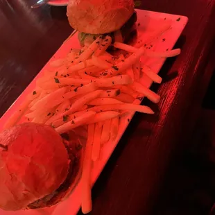 Two sliders and fries portion