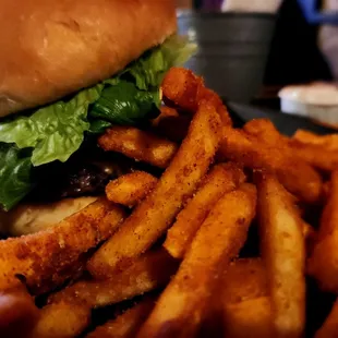 a hamburger and fries