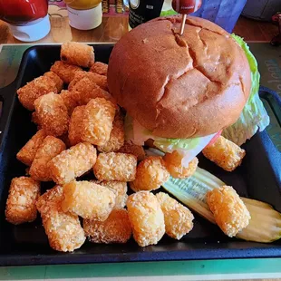 Turkey burger and tater tots.