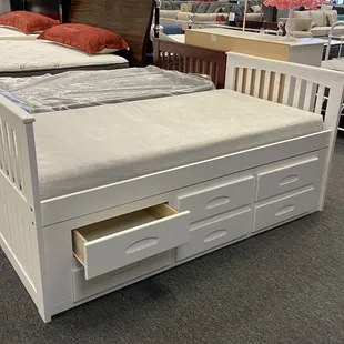 Twin mission rake bed with 6 under drawers. Also available in cherry.