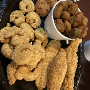 Popcorn shrimp and catfish with fried okra
