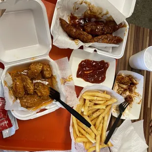 Spicy garlic parmesan boneless wings, honey bbq tenders and garlic parmesan fries.