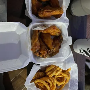 From left to right: hot Buffalo, spicy korean &amp; curly fries